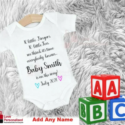 Personalised Custom Baby Name Vest heart Baby Grow Bodysuit Reveal Announcement (0-3)